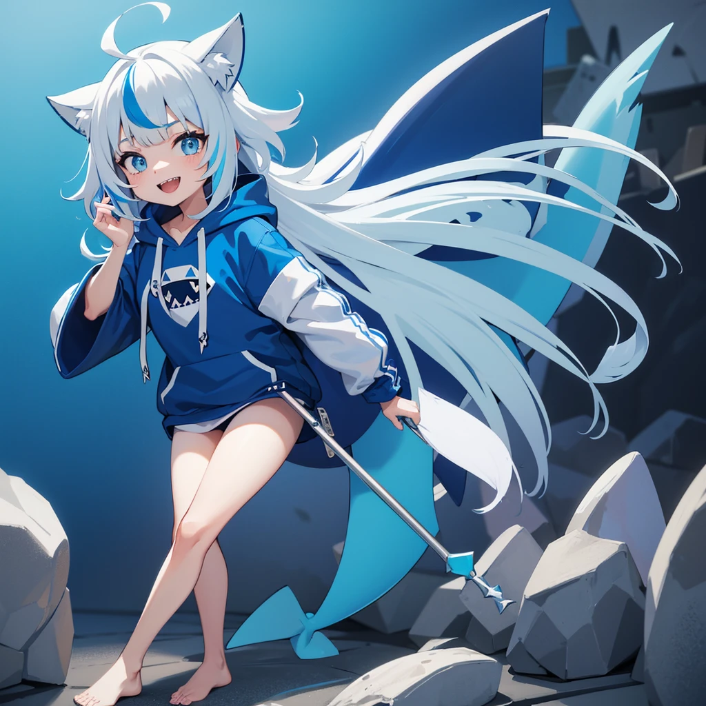 Gawr gura from hololive, wearing a blue super oversized hoodie, blue shark tail, 4k, flat chest, small girl, standing, super cute, smiling, MeinaMix, white and blue hair at the and of the tip, holding a blue trident, big shark mouth design hoodie, , kid
