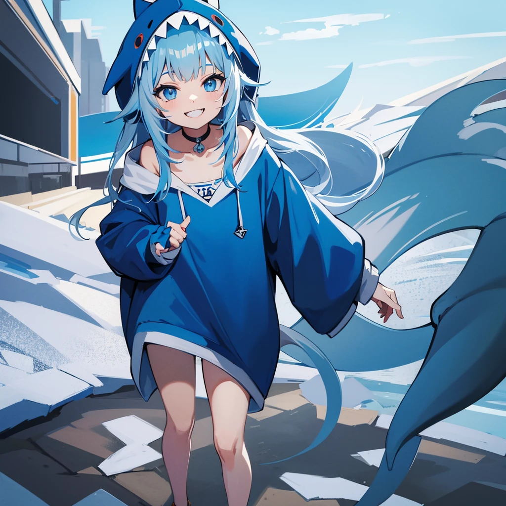 Gawr gura from hololive, wearing a blue super oversized hoodie, blue shark tail, 4k, flat chest, small girl, standing, super cute, smiling, MeinaMix, white and blue hair at the and of the tip, holding a blue trident, big shark mouth design hoodie, , ???