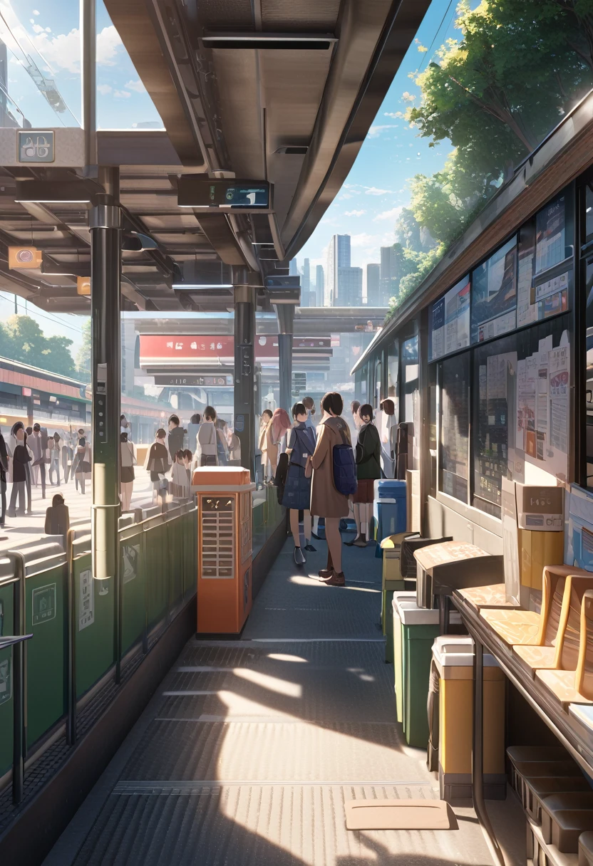 Train station, 7 o'clock in the morning, lots of people waiting for the train (concession stand and posters on the wall) (trash cans and electronic billboards). This animated landscape with ray tracing is truly detailed and beautiful. (High Definition: 1.5)((Realistic))((Photo, Animation, Illustration))