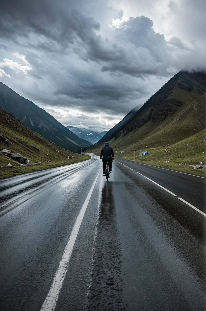  picture of a man travelling over narrrow roads of mountains in rain with some clouds aside