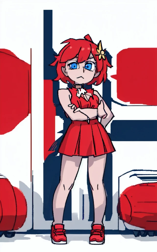 8k.4k,((Best Quality, Masterpiece, ultra high resolution)),((whole body)),standing,by Pixelsketcher, dress, Blue eyes,Red hair, red dress, short hair,old,short dress,shoes, blue panties, red shoes, neckline, sleeveless dress,(Blue socks),human,hair ornament,White background,Alone,hands on the hips