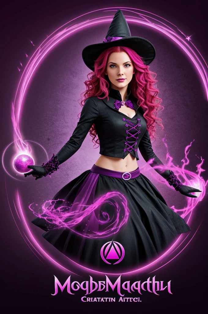 Create a logo that says magenta witch , This logo should have a cauldron with a gray cat and a red-haired witch doing a magical pose in purple and magenta colors.