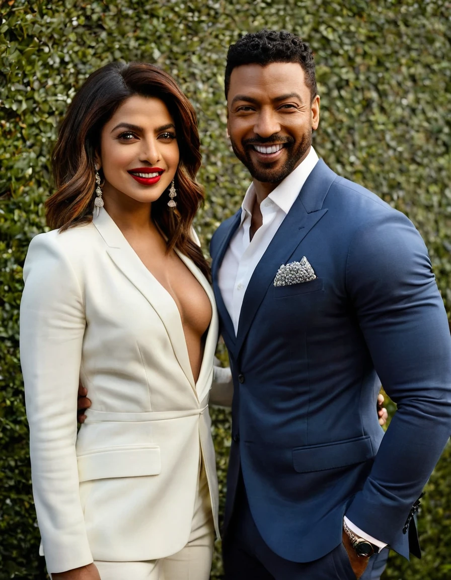 Priyanka Chopra and a handsome African American male whose facial features are a combo of Charles Michael Davis + Chiwetel Ejiofor + Christian Keyes pose together for a photo. Both are smiling. Both are attired attractively but casually for a date. Priyanka has lovely makeup on her face. Priyanka wears red lipstick. Daytime. Romantic ambiance. Symmetrical eyes. Symmetrical faces. Lovely details. Photorealistic. Full-colored photo. Professional photo. Highly detailed 8K.