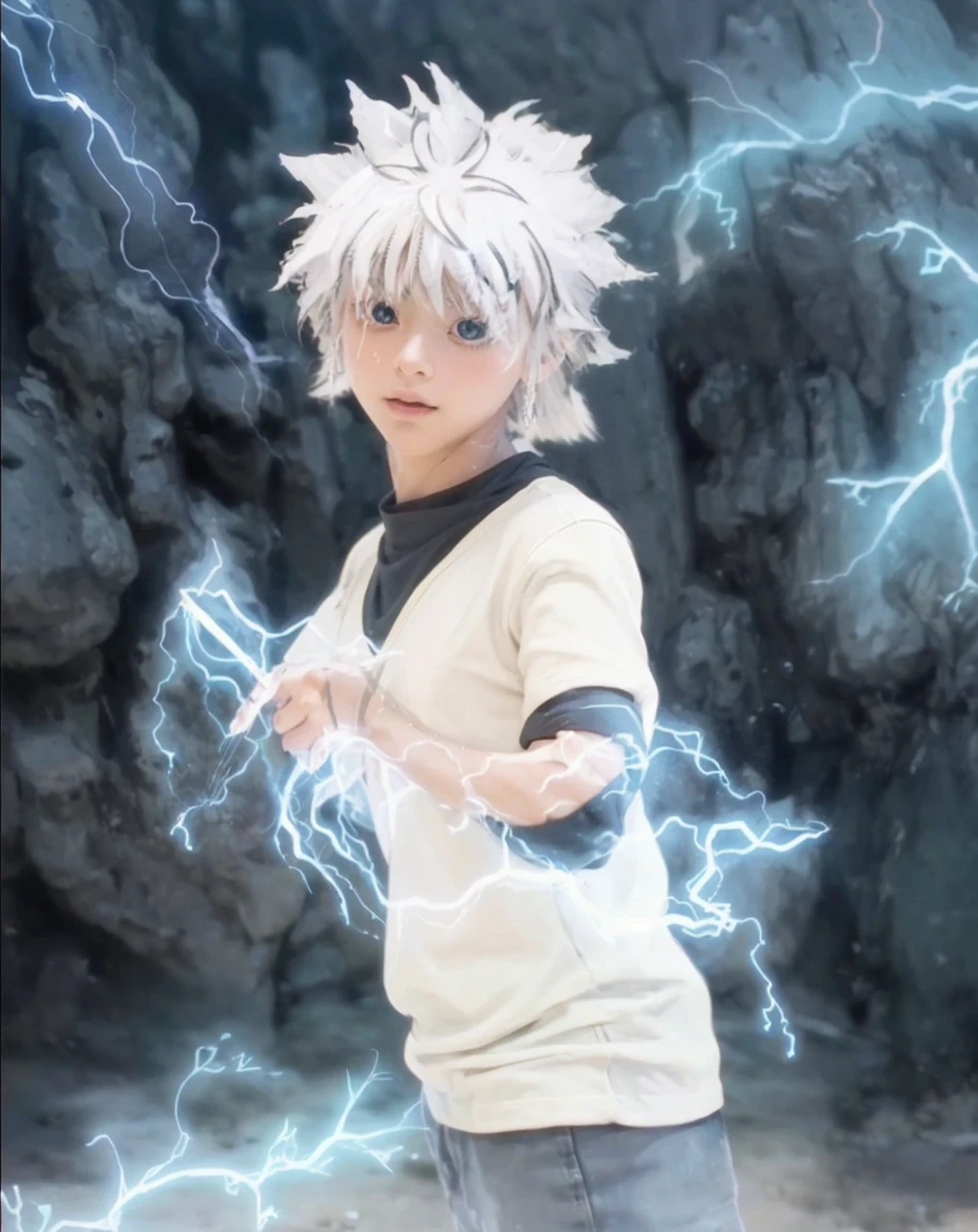 ( KILLUA_HUNTER X HUNTER),((realistic, photorealistic)),(highlight hair)), Light reflection, (( HD )),((upper body)), (((best quality, masterpiece))), (masterpiece) (best quality) (detail) (8k) (HDR) (wallpaper) (cinematic lighting) (sharp focuasterpiece, best quality: 1.1), Real life adaption of this character, realistic outfit, realistic shadow, realistic light, realism, hyper realistic, realistic background,realistic hair,(photorealistic:1.2), (masterpiece: 1.2), (best quality: 1.3), (clear details: 1.3), ((((ultra-detailed)))), ((detailed eyes)), (extremely detailed face:1.4), (highly detailed eyelash:1.6), highly detailed eyes, sharp details, high contrast, (shiny skin), 1boy, lightning, black_shorts,  white_hair, whole_body, white_background, simple_background, thick_outlines, blonde_hair, solo, standing, Stone wall background, blue lightning, blue glow, smoke,