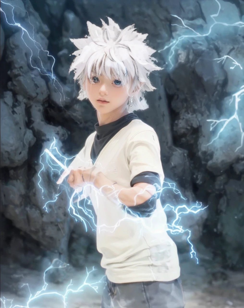 ( KILLUA_HUNTER X HUNTER),((realistic, photorealistic)),(highlight hair)), Light reflection, (( HD )),((upper body)), (((best quality, masterpiece))), (masterpiece) (best quality) (detail) (8k) (HDR) (wallpaper) (cinematic lighting) (sharp focuasterpiece, best quality: 1.1), Real life adaption of this character, realistic outfit, realistic shadow, realistic light, realism, hyper realistic, realistic background,realistic hair,(photorealistic:1.2), (masterpiece: 1.2), (best quality: 1.3), (clear details: 1.3), ((((ultra-detailed)))), ((detailed eyes)), (extremely detailed face:1.4), (highly detailed eyelash:1.6), highly detailed eyes, sharp details, high contrast, (shiny skin), 1boy, lightning, black_shorts,  white_hair, whole_body, white_background, simple_background, thick_outlines, blonde_hair, solo, standing, Stone wall background, blue lightning, blue glow, smoke,