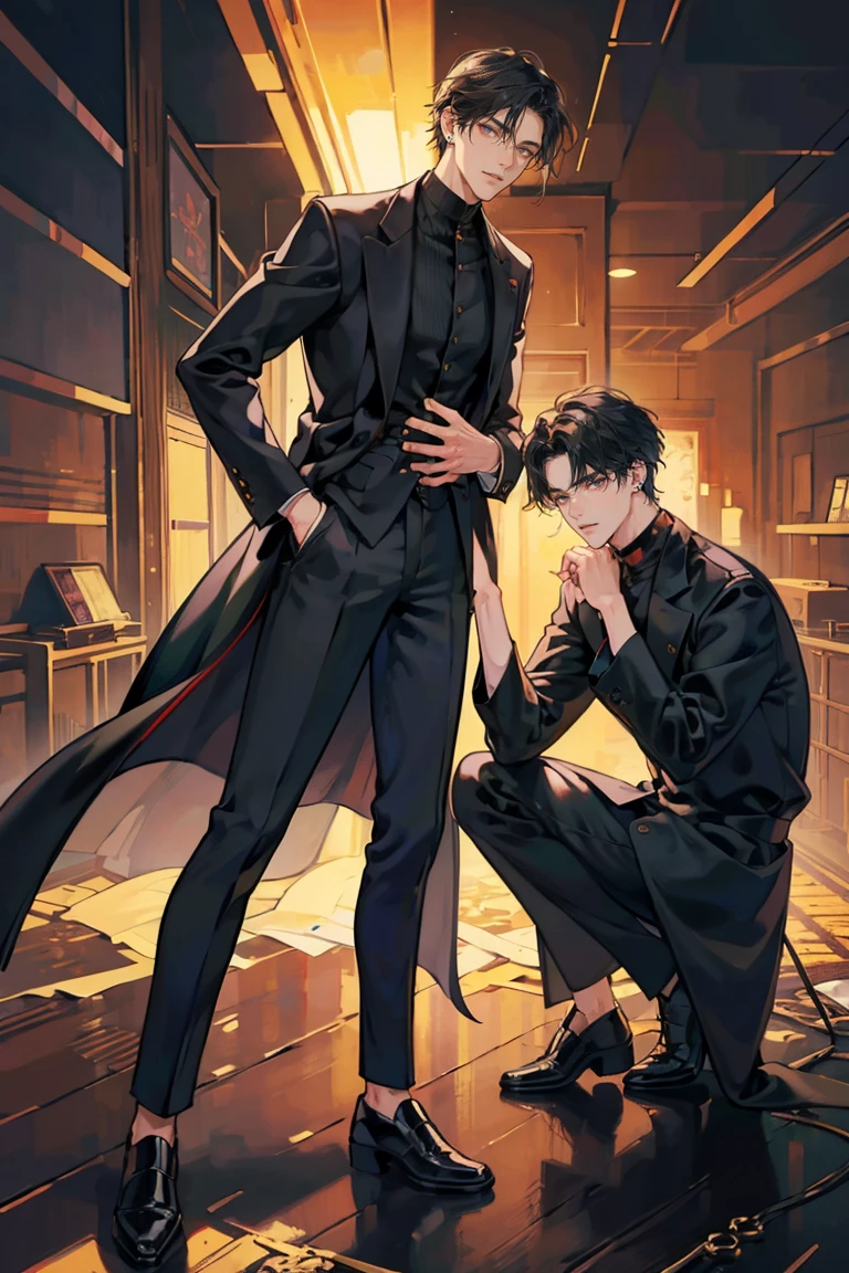 (masterpiece), best quality, seductive eyes, perfect face, handsome man, black eyes, long slicked back black hair, long nose, tan brown skin, black coat, black fitted pants, extremely tall man, long legs, long calves, full body, tall man, long legs, anime cover, 1boy, ear piercings, hands in pockets, adult-like look, cafe background