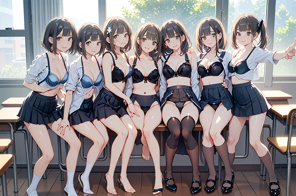 ((masterpiece, Highest quality, High resolution, 超High resolution, Pixel Perfect, Written boundary depth, 4K, RTTX 10.0, Human Development Report))), beauty、View the whole body、(masterpiece: 1.2, Highest quality, masterpiece, Clearer images), (Bright colors), ((Take clear photos even from a distance)), (Multiple Girls), (Harem),(((Under the skirt:1.4))), ((((summer school uniform)))),(School classmates), ((( All school uniforms have the same design))), (((Everyone is wearing the same navy blue skirt))), ((In the classroom)),((Everyone is sitting on the floor)),wooden floor,((Reflective floor:1.3)),(()), (Cute Japanese((6 Girls))), (((Baby Face))), ((Group shot)), (((Group selfie))),(((lineup:1.3))),(((Everyone sticks out their crotches)))、(((Everyone in the same pose))),((attractive way to sit)), ((open legs:1.5)), (((Play))),((Wide angle)), Soft Light, (Slightly larger breasts), ((The audience was delighted)), landscape、((breast grab:1.3)),(((showing bra:1.2)))、((showing panties:1.4)),((skirt lift by myself:1.3)),((Green Eyes, Beautiful eyelashes, Realistic eyes)), ((Detailed face, blush:1.2)), ((Smooth texture:0.75, Vibrant质感:0.65, Vibrant:1.1, Anime CG Style)), Mid-chest, Perfect body, Beautiful curves、Beautiful feet、thin、smile, Hair Ribbon, Brown Hair, Side Lock, Parted bangs, Green Eyes, Braiding, (((Fashionable underwear)))、((((M-shaped legs:1.4)))、((breast grab:1.3)),((clothes lift:1.2)))、one eye closed、Black school shoes, Sitting on a desk、Spread legs、Hold your feet with your hands、break (((Satin Bra)))、(((Satin panties)))、(Shiny bra:2),((Shiny panties:2))、(((Fashionable underwear))),((((Bra and panties are the same color))))、break,((((Random color underwear))))、(((Underwear with lace)))、(((Luxury Lingerie)),Cute Underwear、(((Roll up the skirt yourself))),(Lifted it himself),Panty Focus,((get up,Spread your legs))