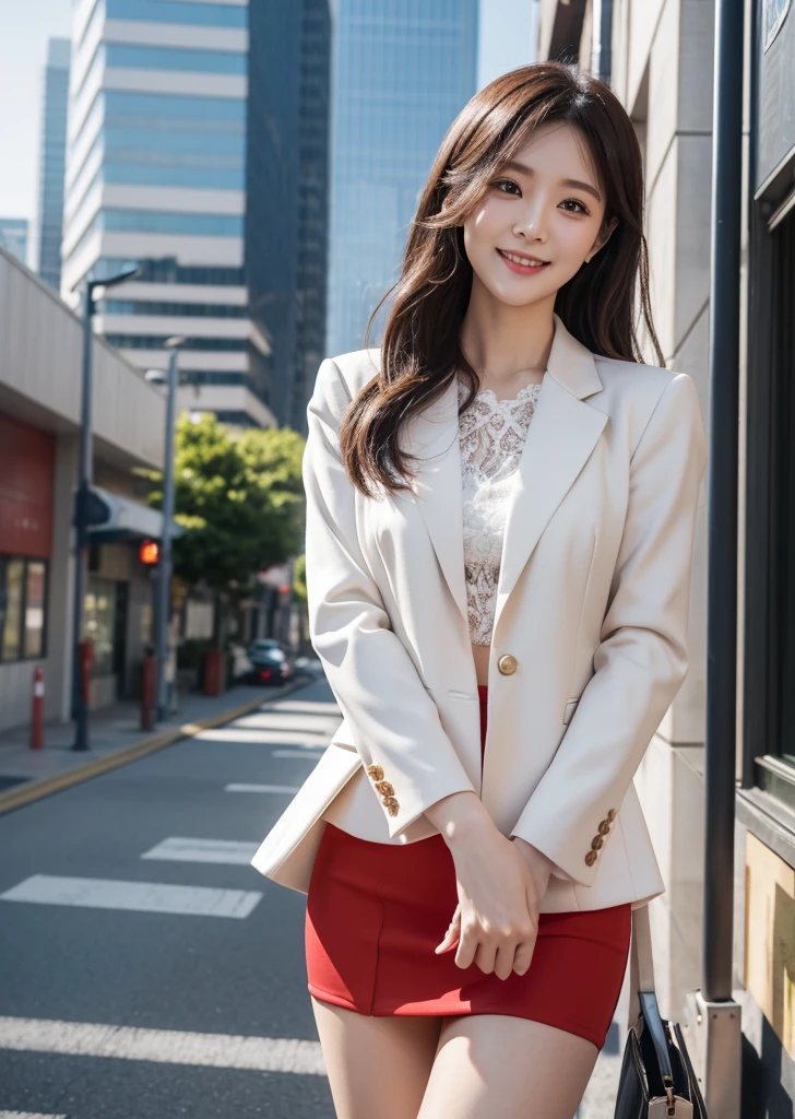 Diffuse lighting、 Highest quality, High resolution, unity 8k wallpaper、Supersaturation, Japanese、1 female、23 years old、urban office district、With documents in hand、Business Bags、Medium Hair、sales、Upper body close-up、Are standing、Walking outside、Walking through the business district、Surrounded by buildings、たくさんのWith documents in hand、I have documents、business suit、Lace blouse under jacket、Mini tight skirt、Red High Heelini length、Hot sunshine、Upper body close-up、smile、The look of temptation、