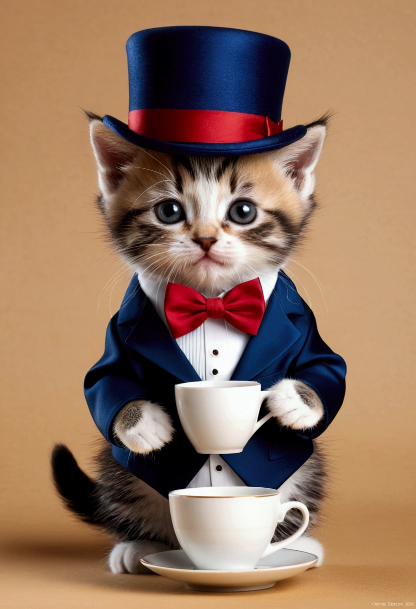 Kitten standing like a human, Drinking coffee，Wearing a dark blue tuxedo，Wearing a dark blue silk hat,Wearing a red bow tie、 Lovely, small, , Big Head, Very detailedイラスト, (best quality), (masterpiece:1.3), (photoPractical:1.36), (Practical), Very detailed