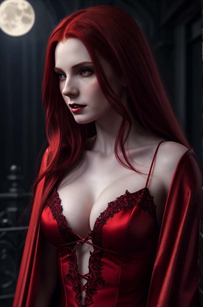 woman with long red hair and a red dress, with pale skin, pale skin and dark eyes, dressed in a beautiful red cloak, artgerm moody photography, amouranth, with long hair and piercing eyes, beautiful female vampire, beautiful sorceress, portrait of beautiful vampire, sultry expression, a beautiful sorceress, soft pale white skinpale skin, vampire, singing, fantasy art,epic portrait illustration, cinematic realistic , feeding at night , portrait, realistic digital art 4 k, realistic digital art 4k, cinematic digital painting, ultra realistic concept art, very detailed digital painting, 4k concept art and hyper realism, cyberpunk art ultrarealistic 8k, emotional concept art, vampire