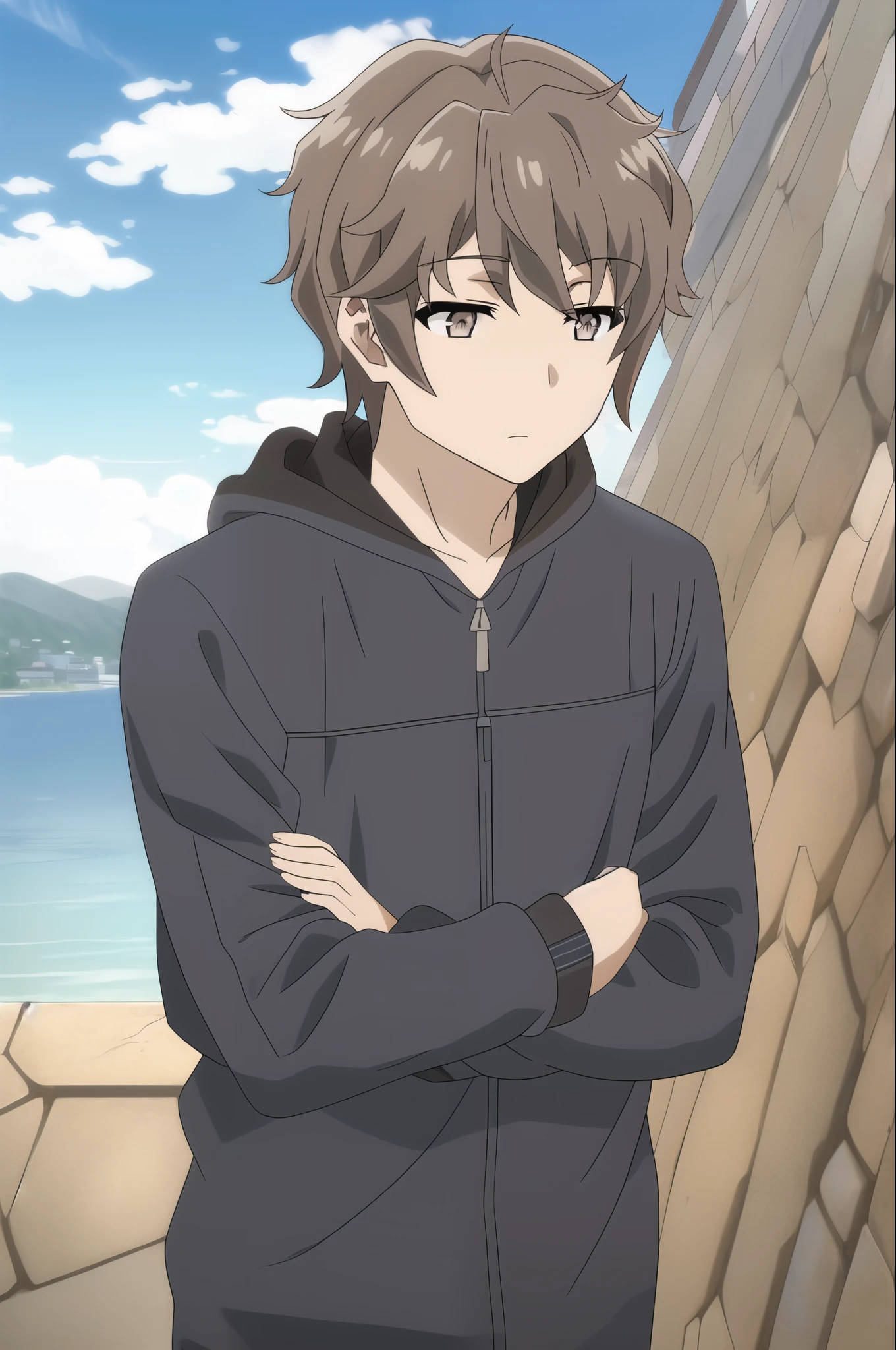 azusagawa sakuta, 1boy, male focus, solo, brown hair, brown eyes, upper body, sunglassss, looking at viewer, cloud, blue sky, closed mouth, spy outfit, outdoors, long sleeves, hood down,