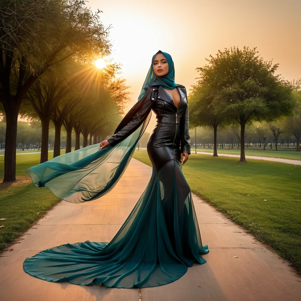 A woman in long sheer fabric dress,wearing hijab, wear leather jacket, full body,mermaid tight long dress,very long flor length dress, tall women, in park,sunset, sexy face, winds blow her gown, sexy pose, masterpice, hyper realistic, 