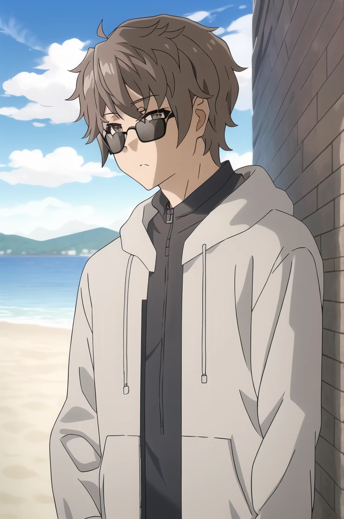 azusagawa sakuta, 1boy, male focus, solo, brown hair, brown eyes, upper body, sunglassss, looking at viewer, cloud, blue sky, closed mouth, spy outfit, outdoors, long sleeves, hood down,