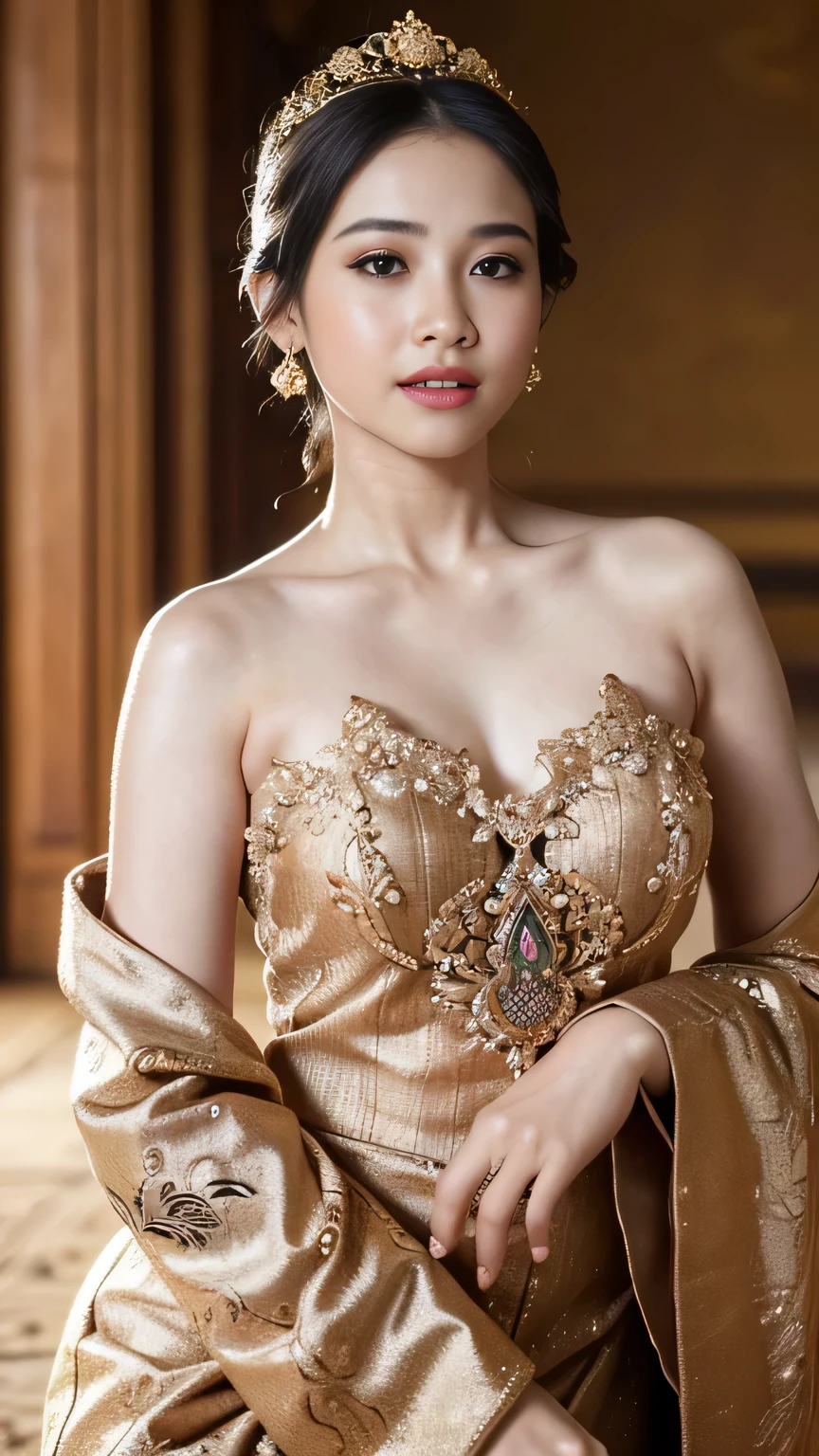 (best quality,4k,highres,masterpiece:1.2),ultra-detailed,realistic:1.37,beautiful and regal Javanese queen with hijab,dark and luxurious palace backdrop,beautiful detailed eyes and face,long eyelashes,voluptuous and curvy figure,exquisite jewelry and accessories,ornate and intricate patterned textiles,dazzling crown and royal attire,golden light illuminating the scene,vibrant and vivid color palette,soft and ethereal lighting,confident and alluring expression,graceful and elegant pose,serene and majestic atmosphere,rich cultural elements and symbols,meticulously captured body contours,subtle and tasteful sensuality,endless attention to every detail,romantic and dreamlike ambiance,artistic interpretation of beauty,stylish and sophisticated composition.