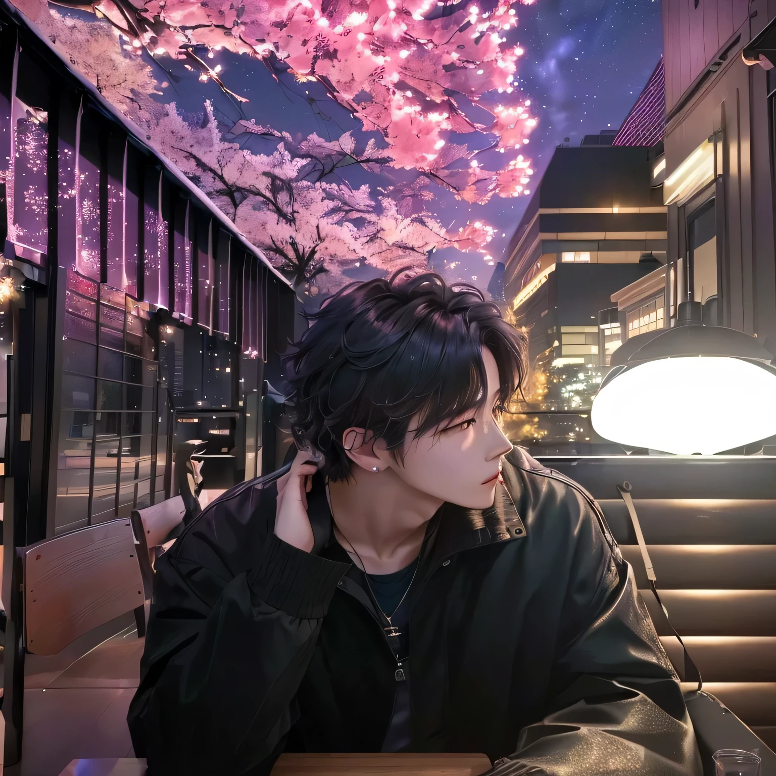 There is a man sitting at a table holding a mobile phone, Anime Aesthetics, beautifully、aesthetic, Aesthetic award winning anime, Cai Xukun, Beautiful aesthetics art, Sparkling aesthetics, Anime Aesthetics, Handsome anime pose, Lo-fi art style, Beautiful aesthetics, Jan J, A mix of anime style and Fujifilm, 4k anime wallpaper, Inspired by Bian Shoumin