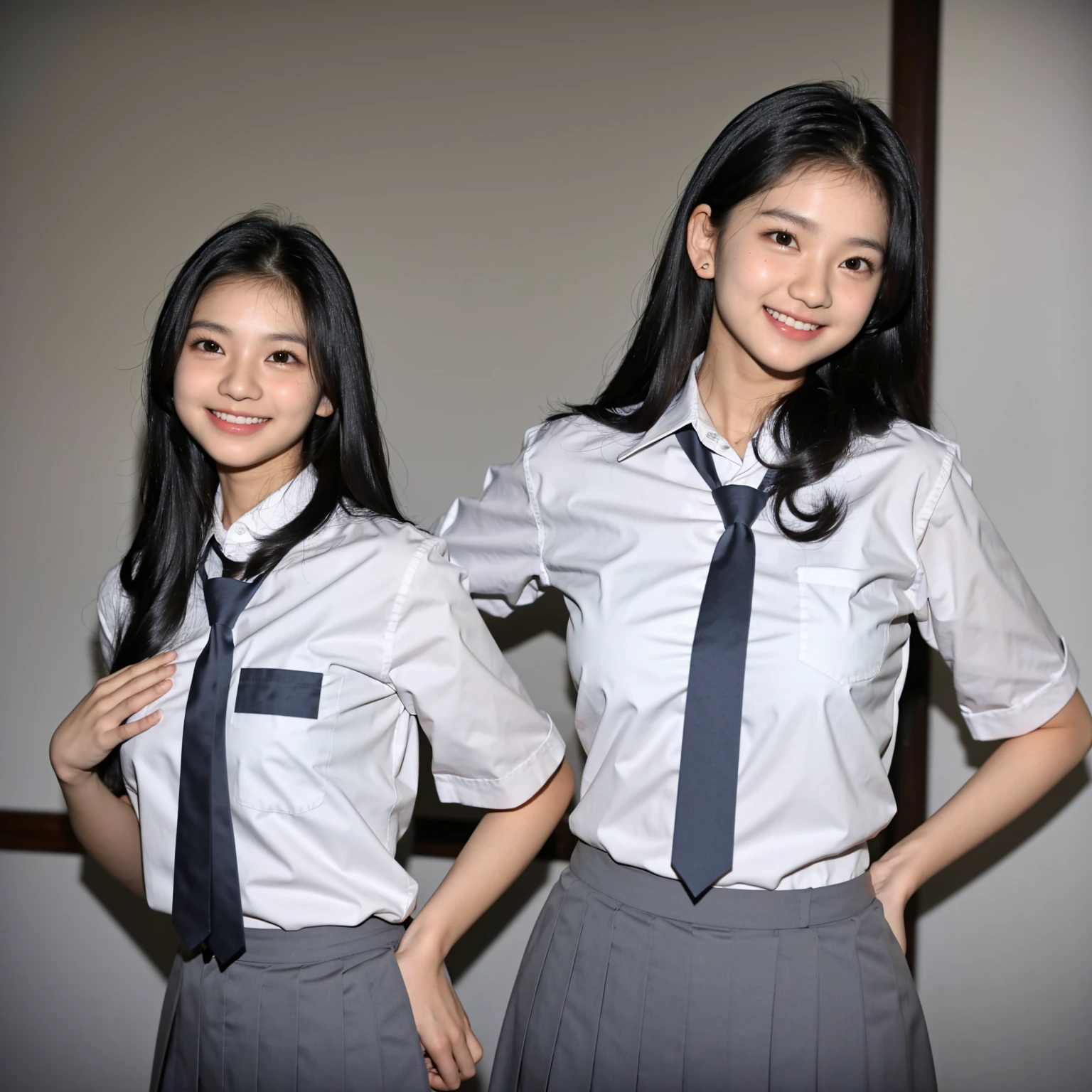 1 woman, 17 years old, black curly long hair, plump body, black eyes, Indonesian high-school uniform, white shirt, osis logo on shirt pocket, natural medium breasts, grey pleated skirt, medium shot, smiling, in the classroom.