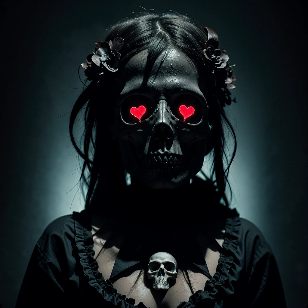 gothic image of a skull sussrounded by stylized hearts. Very dark and creepy vibes. Black background.