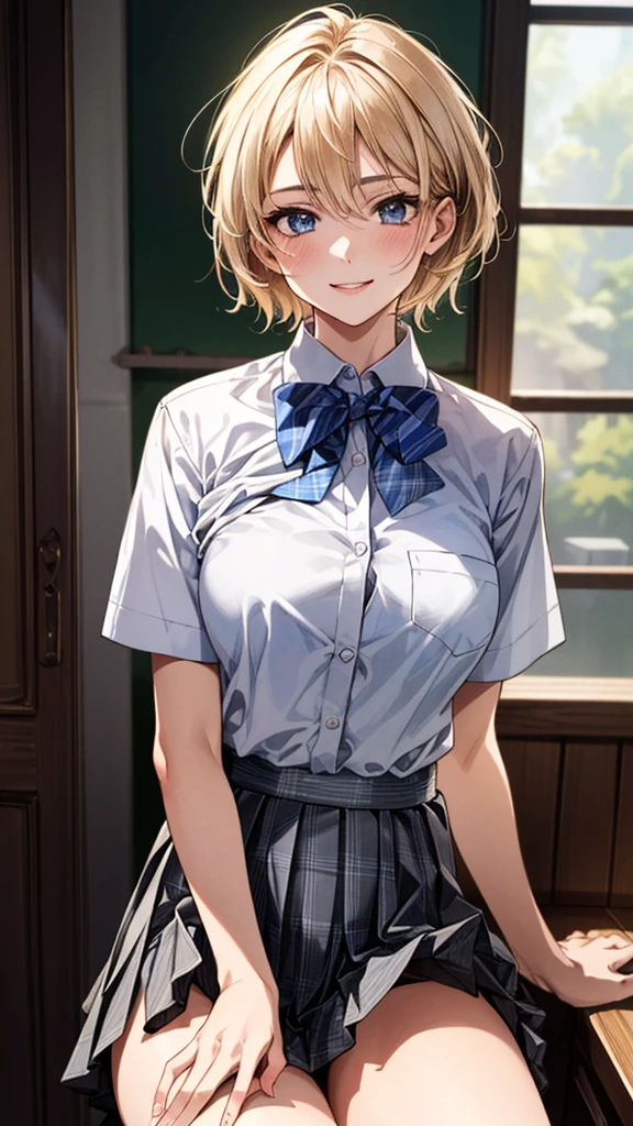 (masterpiece:1.3, Highest quality, Ultra-high resolution, Super detailed), (Realistic, photoRealistic:1.4), Beautiful illustrations, Perfect lighting, Natural light, colorful, Depth of written boundary,
View your viewers, whole body, Front view:0.6, 1 girl, Japanese, high School girl, Perfect Face, (Perfect Anatomy), Cute and symmetrical face, Baby Face, Glowing Skin, ,
(short hair:1.5, Pixie Cut:1.2, Blonde), Hair between the eyes, blue eyes, Long eyelashes, (Large Breasts:0.8),
Beautiful Hair, Beautiful Face, Beautiful attention to detail, Beautiful clavicle, Beautiful body, Beautiful breasts, Beautiful thighs, Beautiful feet, Beautiful fingers,
((Collared short-sleeved shirt, White shirt, Grey plaid pleated skirt, Blue checked bow tie)), White panties,
(Beautiful views), Daytime, (School), Are standing, (Lift up the skirt, Grab the hem of your skirt, please put your hand on your chest, Place your hands between your legs), (Captivating smile, Upward glance),