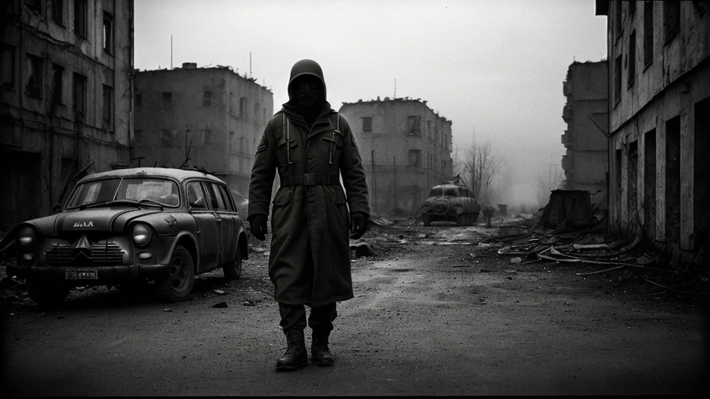 war photography, full body shot, poland, special forces operator, modern soldier gear, gas mask with filters and pipes, (olive and tattered hooded coat:1.4), large backpack, in dead soviet city, (s.t.a.l.k.e.r.:1.2), post apocalyptic mood,, (1960's war mood, analog, high contrast, hard shadows, vignetting, by Eddie Adams, made with Asahi Spotmatic SP:1.45)
