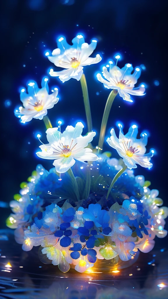 a bouquet of transparent luminescent anemone or blue cornflower flowers, transparent, surrounded by glimmering lights, beautiful ambient lighting, highly detailed, photorealistic, 8k, ultra-detailed, intricate floral arrangement, delicate petals, vivid colors, natural sunlight, depth of field, soft focus, cinematic mood