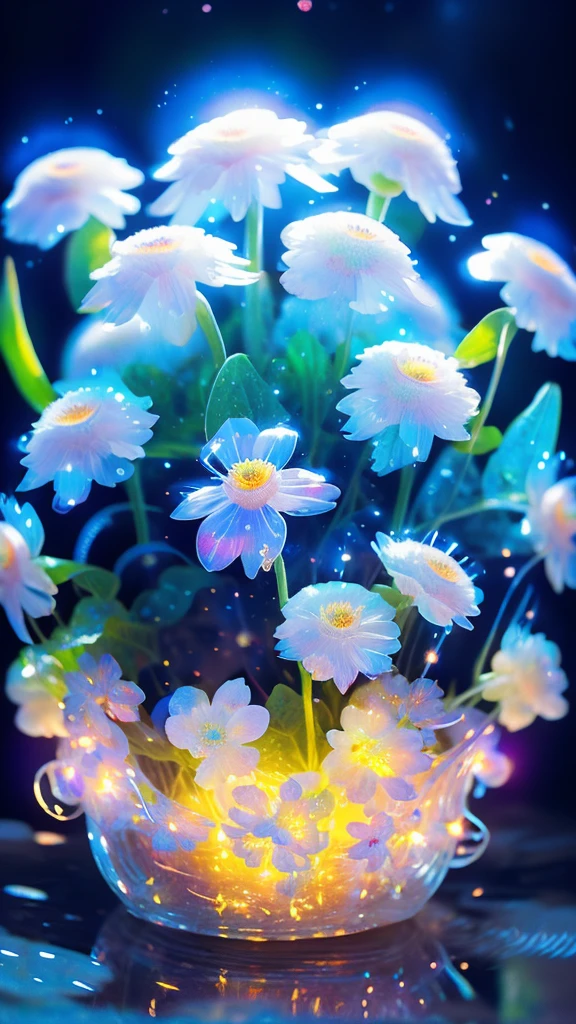 a bouquet of transparent luminescent anemone or blue cornflower flowers, transparent, surrounded by glimmering lights, beautiful ambient lighting, highly detailed, photorealistic, 8k, ultra-detailed, intricate floral arrangement, delicate petals, vivid colors, natural sunlight, depth of field, soft focus, cinematic mood