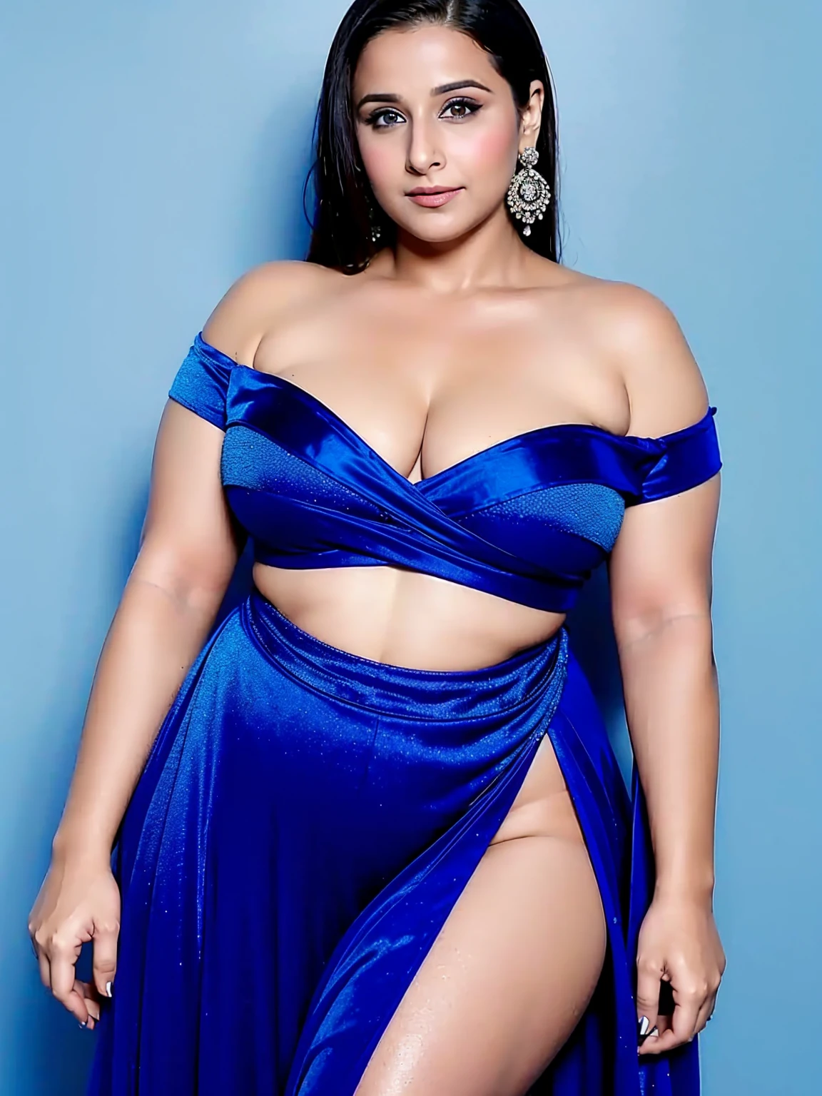 vidya balan Sultry Plus size exhibitionist amorous lady with huge breasts The outfit in the image is a short, revealing dress that is blue in color. The dress is designed to show off the wearer's cleavage, making it a provocative and eye-catching piece