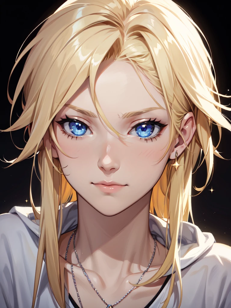 (((Portrait Photo))), He has a Fresh, Youthful 16-Year-Old Appearance, with a Tall, Slim Build, and a Calm Demeanor. He has Long, Light Blonde Hair, Styled in a Casual, Tousled Style, with Strands Falling Around His Face. His Blue Eyes Sparkle with Warmth and Serenity, Exuding a Lazy Attitude. He Wears an Oversized, Baggy White T-Shirt, Accompanied by a Necklace. (((High Quality, Dark Background))), (((Portrait Photo)))