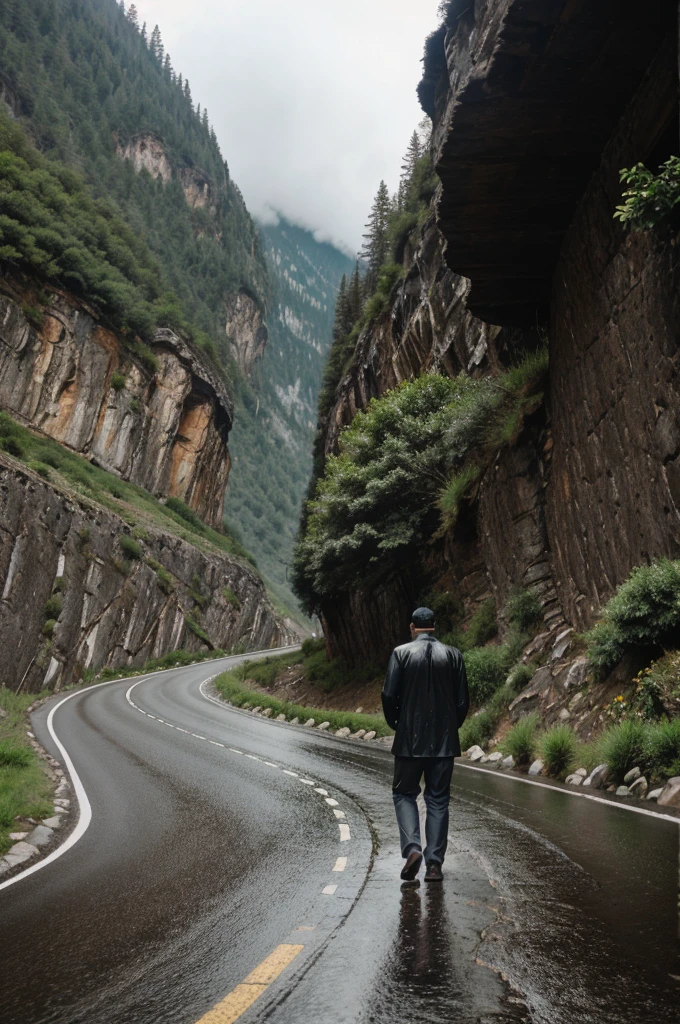 picture of a man walking over the narrow curved roads of mountains in rain
