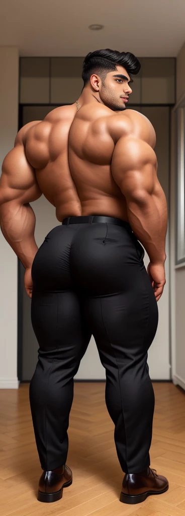 4 meter tall slightly overweight indian men. 20 years old. Childish Young hairless fresh face. In london with friend. Very sexy Posing for camera. Muscular. Wearing a tight black and office suit . Big ass. Smooth body and face. Belly seen. Long long legs. View from the back.