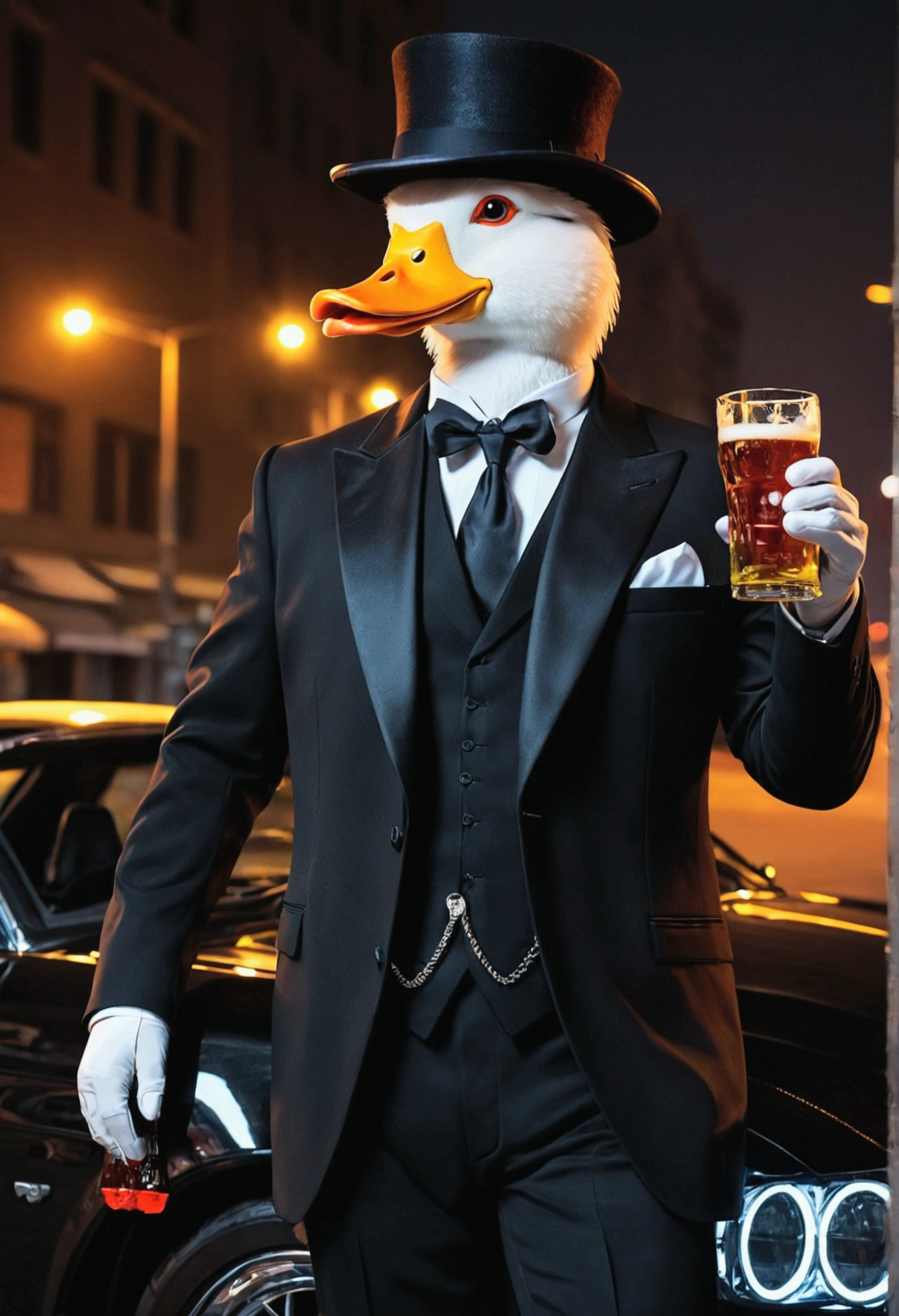 masterpiece red cliff white duck animal, Mafia boss,  Wearing a black suit, A top hat, sunglasses, drink beer, In the city at night，Next to a sports car, neon, Bioluminescence, HD