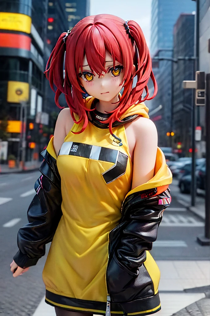 female性　female　Cyberpunk Costume　Yellow costume　Red Hair　Yellow Eyes　Bob　外はねBob　Confused eyes　Bob　Manipulate electricity　Don&#39;t tie your hair up