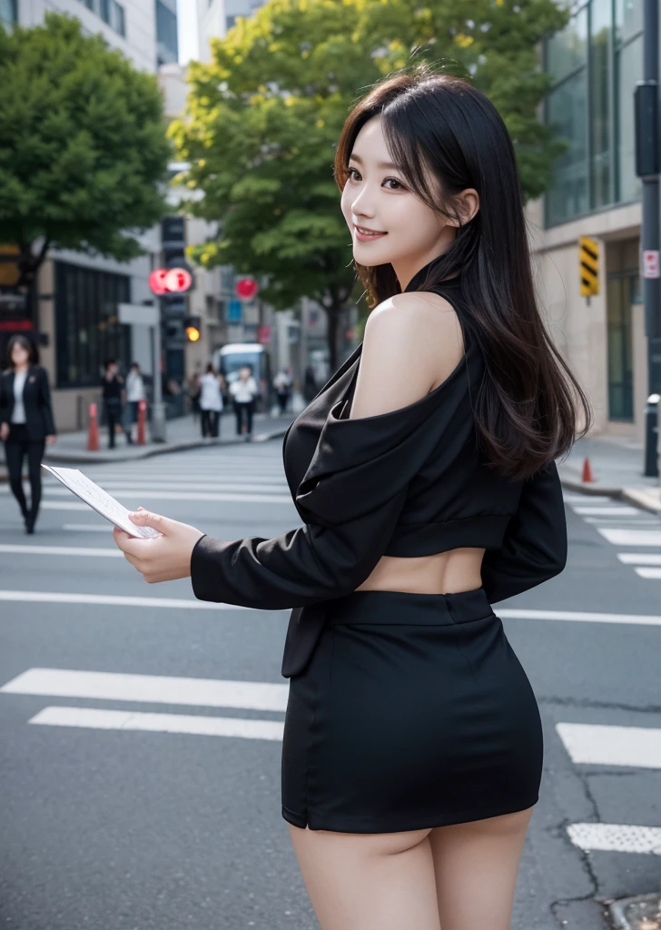 Diffuse lighting、 Highest quality, High resolution, unity 8k wallpaper、Supersaturation, Japanese、1 female、23 years old、urban office district、With documents in hand、Business Bags、Medium Hair、sales、Upper body close-up、Are standing、Walking outside、Walking through the business district、Surrounded by buildings、たくさんのWith documents in hand、I have documents、Black business suit、Lace blouse under jacket、Mini tight skirt、Red High Heelini length、Hot sunshine、Upper body close-up、smile、The look of temptation、Tight ass、