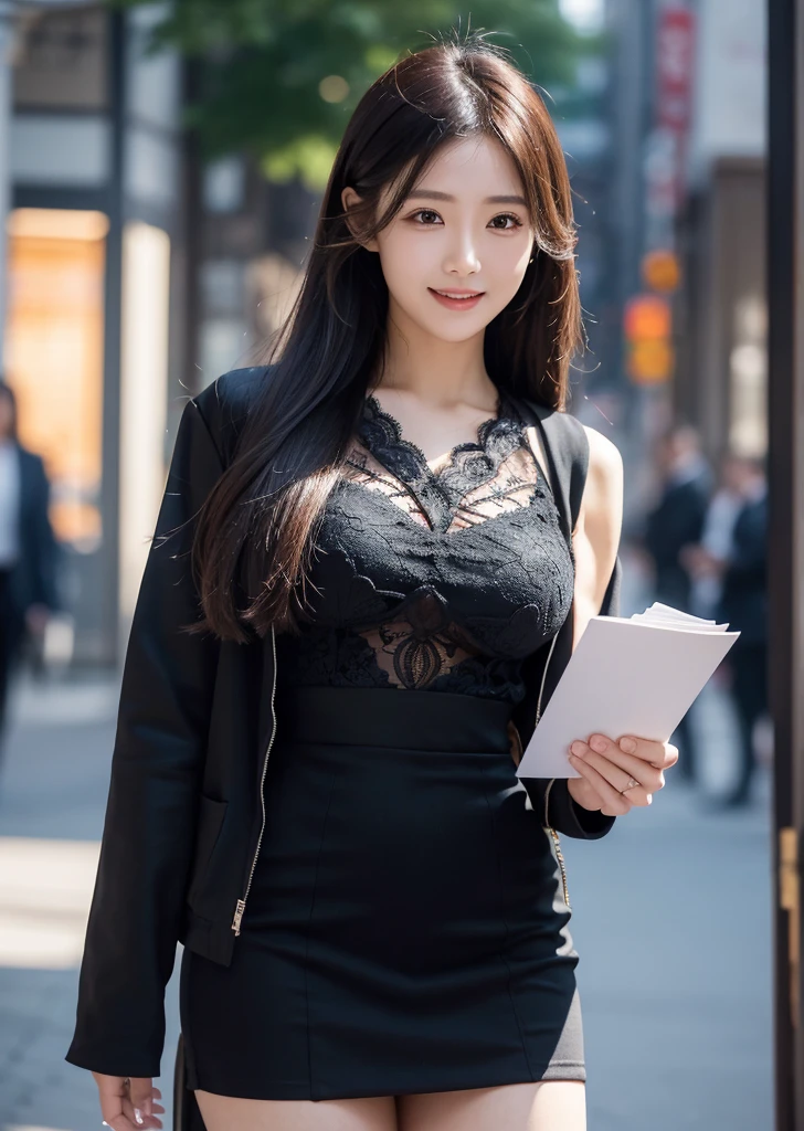 Diffuse lighting、 Highest quality, High resolution, unity 8k wallpaper、Supersaturation, Japanese、1 female、23 years old、urban office district、With documents in hand、Business Bags、Medium Hair、sales、Upper body close-up、Are standing、Walking outside、Walking through the business district、Surrounded by buildings、たくさんのWith documents in hand、I have documents、Black business suit、Lace blouse under jacket、Mini tight skirt、Red High Heelini length、Hot sunshine、Upper body close-up、smile、The look of temptation、Tight ass、