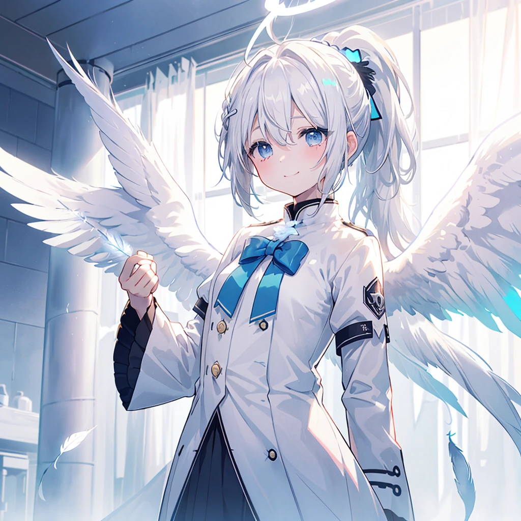 ((((Archangel、4Feathers、Angel Halo Monotone background)))) (((uniform White Hair、ponytail White skin、Neon blue eyes、Pop stareteors))) ((Pillar of Light)) (Tears smile) Shining Edge、Shining Background