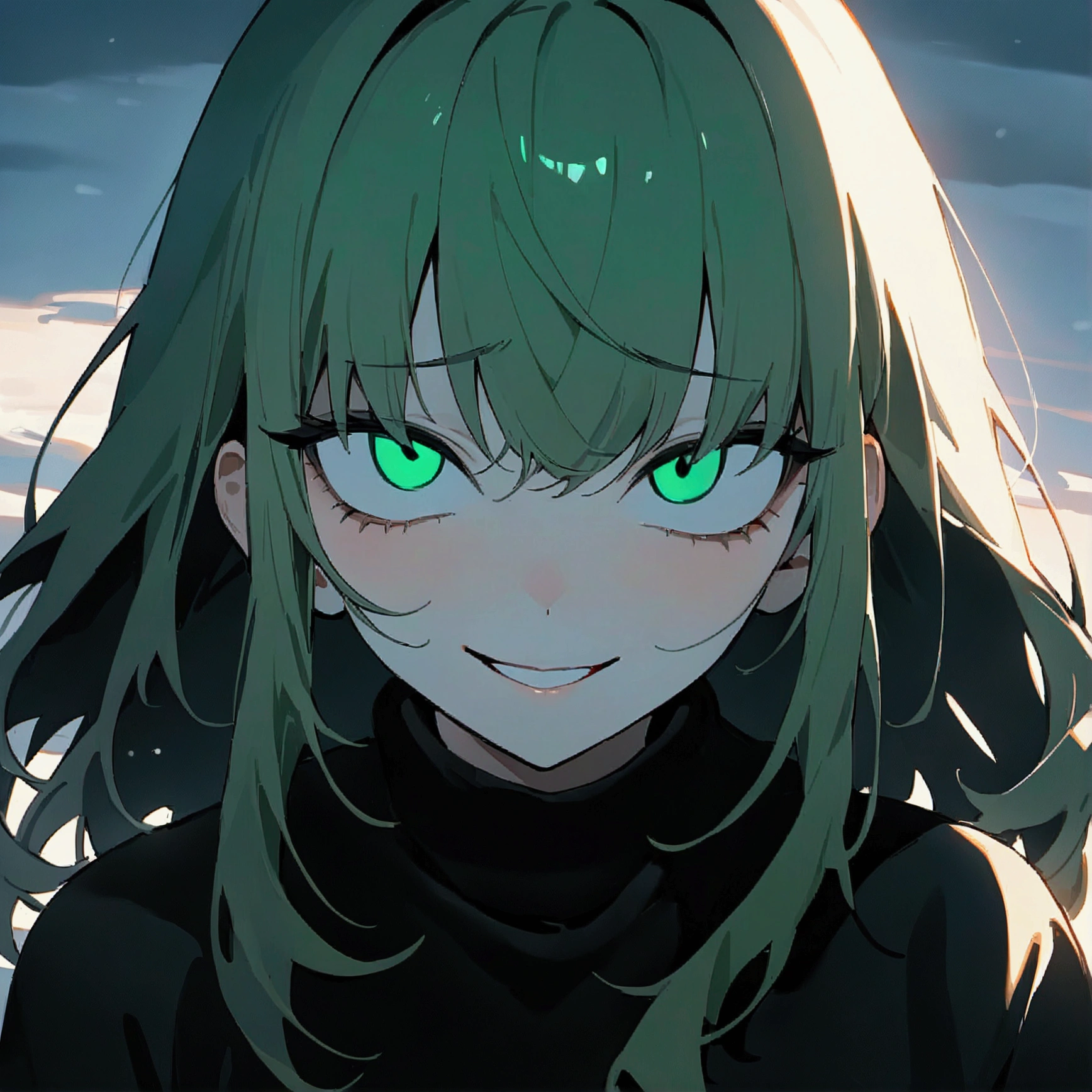 (masterpiece:1.2, Highest quality),(Snow White-like girl), 1 female, whole body, Black sweater, casual, Wide green, Minimal makeup, , pale,Natural materials, Close-up face, Wicked Smile, Bright Eyes、Round pupils,8K high resolution, Fine Lines, ((whole body))