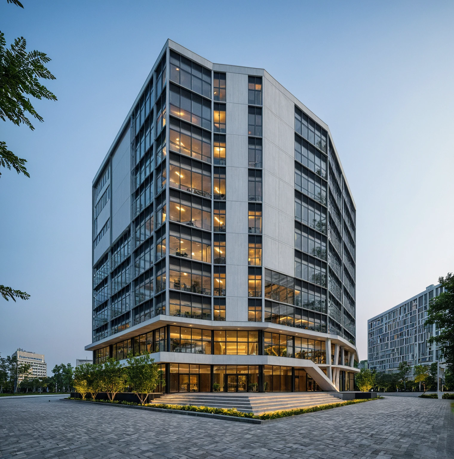 modern office building, modern style, modern, dynamic (RAW photo, real, best quality, masterpiece:1.2), (hyper realistic, photo-realistic:1.2), high quality, (dark lighting:1.2), perfect lighting, archdaily, architecture digest award wining sustainable architecture, cinematic, Building height: 8-10 stories, Facade: Low-e glass combined with a hexagonal louver system, Sleek, modern design with a predominantly glass facade, Hexagonal louvers creating a distinctive pattern across the building's surface, Main entrance with a canopy or architectural feature to mark the entry point, Possible rooftop terrace or green roof element, Urban setting with other mid-rise buildings nearby, Wide sidewalk in front of the building with some landscaping, Street view showing neighboring structures and city life, Possibly include trees or green spaces around the building, Bustling city environment with pedestrians and vehicles, Reflections of the surroundings on the glass facade, Interplay of light and shadow created by the hexagonal louvers, Overall impression of a harmonious blend between the building and its urban context