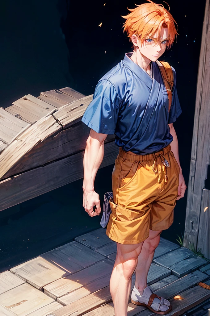 Anime man, he is putting his hands in his trouser pockets, he has orange eyes and has blue hair, then he wears a high  in Japan and wears short sleeves, he has somber eyes, and there are some wounds on his arms, he seems to be a dashing and brave man, but he looks loyal,  Draw eyes and hands His hands are not deformed, his eyes are perfect and his hands are manly hands and clear in shape, he is standing alone.