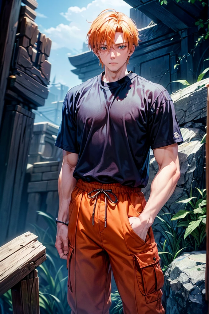 Anime man, he is putting his hands in his trouser pockets, he has orange eyes and has blue hair, then he wears a high  in Japan and wears short sleeves, he has somber eyes, and there are some wounds on his arms, he seems to be a dashing and brave man, but he looks loyal,  Draw eyes and hands His hands are not deformed, his eyes are perfect and his hands are manly hands and clear in shape, he is standing alone.