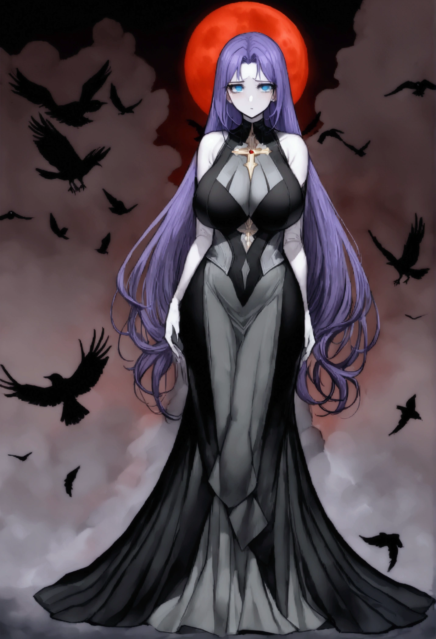 長い髪のbeautifulアニメ風の美女, (((Purple-blue hair)))Gold decoration,(((Highest quality)))Transparent Hair,Face of Sadness,(((blue eyes)))A beautiful woman filled with sorrow,(((Perfect body beauty)))Big Breasts,(((Immoral Black and Grey Priest)))Chaos Priest(((beautiful)))Pale skin,(((Glossy feel)))Full Body Shot,Crow,(((background)))dead tree,fog,Red Moon,Mysterious flower,Graveyard of Darkness。