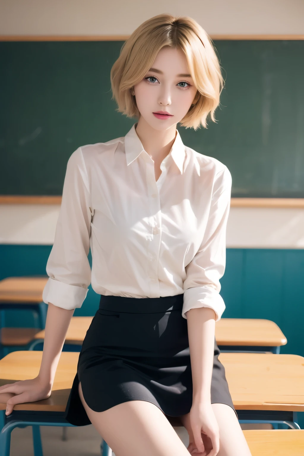 A female teacher wearing a white shirt and a black tight skirt, glamorous style, blonde hair and blue eyes, in a classroom