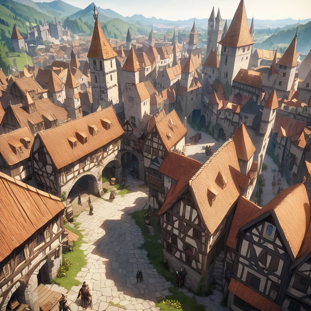 Medieval Fantasy Setting, Medieval city, thief humanity mediterranean characteristics, Brown hair and black armor