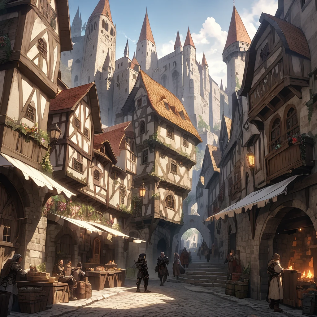 Medieval Fantasy Setting, Medieval city, thief humanity mediterranean characteristics, Brown hair and black armor