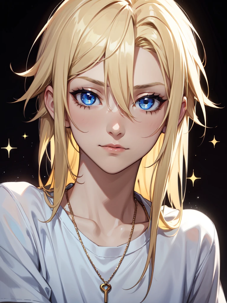 (((Portrait Photo))), He has a Fresh, Youthful 16-Year-Old Appearance, with a Tall, Slim Build, and a Calm Demeanor. He has Long, Light Blonde Hair, Styled in a Casual, Tousled Style, with Strands Falling Around His Face. His Blue Eyes Sparkle with Warmth and Serenity, Exuding a Lazy Attitude. He Wears an Oversized, Baggy White T-Shirt, Accompanied by a Necklace. (((High Quality, Dark Background))), (((Portrait Photo)))