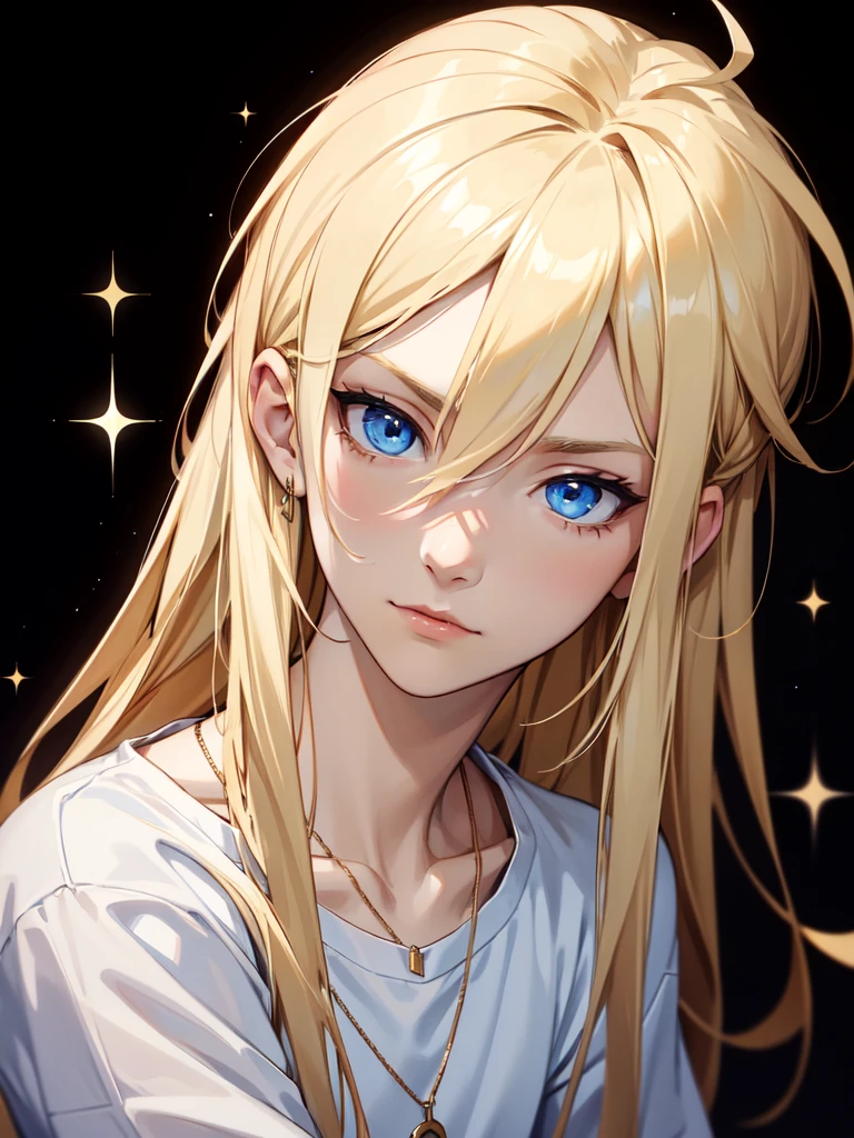 (((Portrait Photo))), He has a Fresh, Youthful -Yeld Aprance, with a Tall, Slim Build, and a Calm Demeanor. He has Long, Light Blonde Hair, Styled in a Casual, Tousled Style, with Strands Falling Around His Face. His Blue Eyes Sparkle with Warmth and Serenity, Exuding a Lazy Attitude. He Wears an Oversized, Baggy White T-Shirt, Accompanied by a Necklace. (((High Quality, Dark Background))), (((Portrait Photo)))