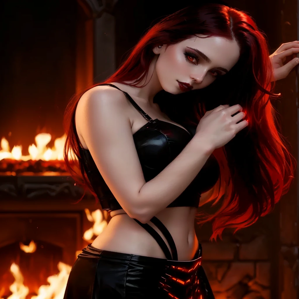 female, beautiful vampire, pale skin, fire eyes, holding her left arm out, blood pouring down from her wrist