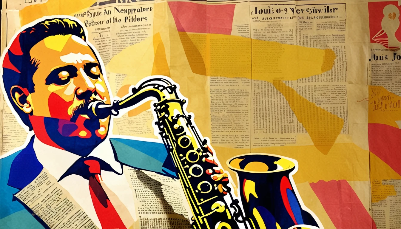 (Ink on newspaper in the style of Louis Jober:1.5), Tenor saxophone player、Naples, Vesuvius, Imagine an artistic movement in which portraits vividly express the inner thoughts and feelings of their subjects.。, Changing patterns of color and light