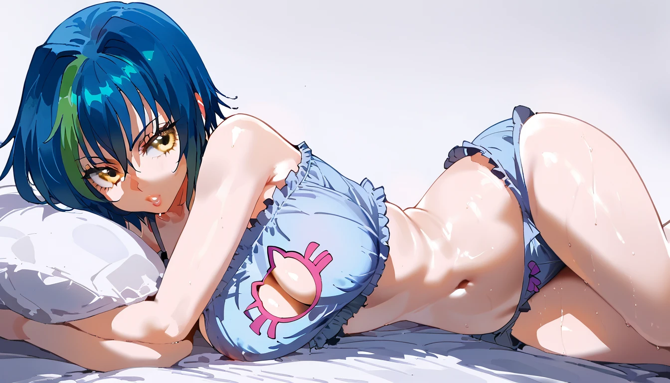 score_9, score_8_up, score_7_up, score_6_up, score_5_up, score_4_up, 1girl, xenovia quarta, short hair, blue hair, yellow eyes, multicolored hair, green hair, two-tone hair, streaked hair,, large breasts,,,, floox style,nipple slip, , rating_explicit, , high resolution,,, lying on side, grey background, DeepNegative_xl_v1, expressiveh, cat lingerie