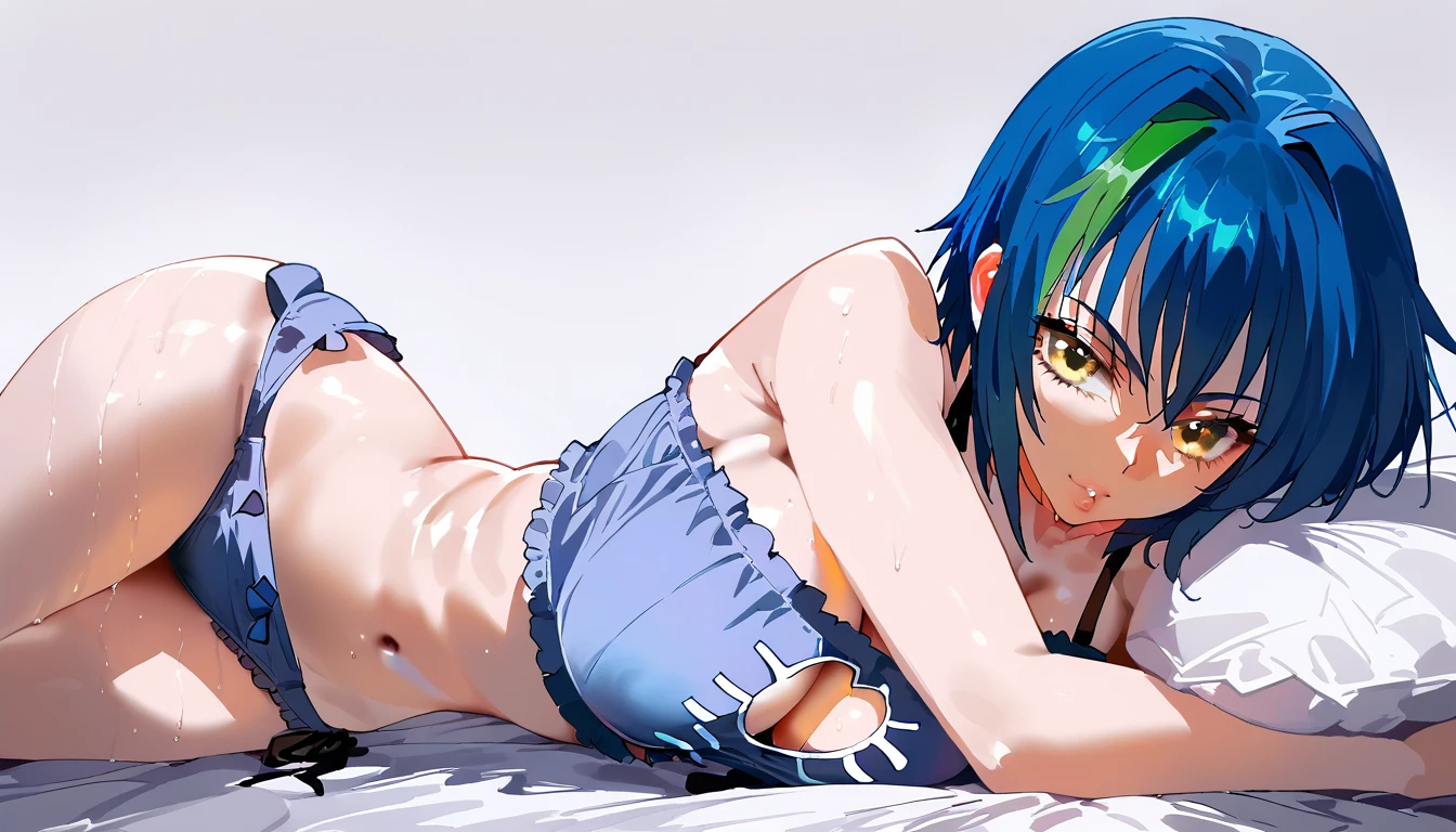 score_9, score_8_up, score_7_up, score_6_up, score_5_up, score_4_up, 1girl, xenovia quarta, short hair, blue hair, yellow eyes, multicolored hair, green hair, two-tone hair, streaked hair,, large breasts,,,, floox style,nipple slip, , rating_explicit, , high resolution,,, lying on side, grey background, DeepNegative_xl_v1, expressiveh, cat lingerie