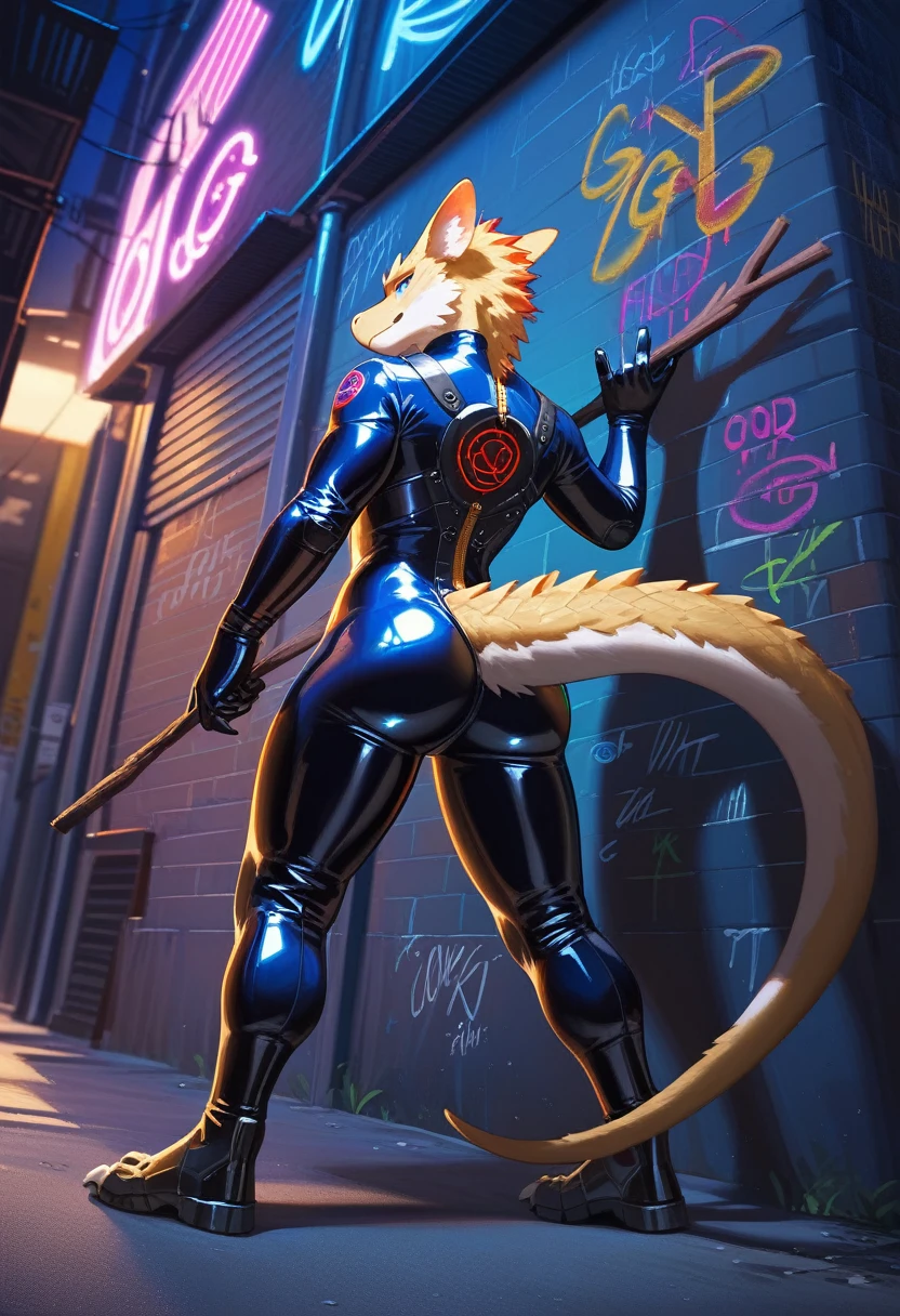 animation, Highest quality, Highest quality, High quality illustrations, masterpiece, Ultra-high resolution, Detailed Background, Alley, night, wall graffiti art, Absurd, Perfect Anatomy, performance, Good lighting, Shadows in the movies(kemono, Furry Personifi猫ion), Lizardman, Long dragon tail, Blueskin, Rubber Suit, latex, neon, neonライト, neonカラー, Bodysuits, Cyber Suit, Mech Suit, cyber punk, Put your hands on the wall, Stick your butt out, Dynamic Angle