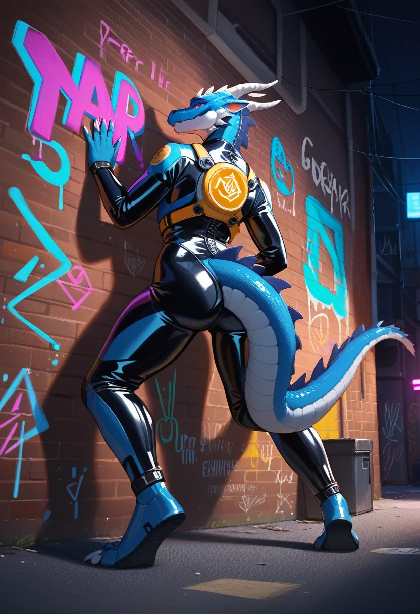 animation, Highest quality, Highest quality, High quality illustrations, masterpiece, Ultra-high resolution, Detailed Background, Alley, night, wall graffiti art, Absurd, Perfect Anatomy, performance, Good lighting, Shadows in the movies(kemono, Furry Personifi猫ion), Lizardman, Long dragon tail, Blueskin, Rubber Suit, latex, neon, neonライト, neonカラー, Bodysuits, Cyber Suit, Mech Suit, cyber punk, Put your hands on the wall, Stick your butt out, Dynamic Angle